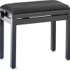 Matt Black Height Adjustable Piano Bench - Black Velvet Top