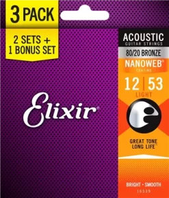 Elixir Nanoweb (Light) 80/20 Bronze Acoustic Strings - Triple Pack