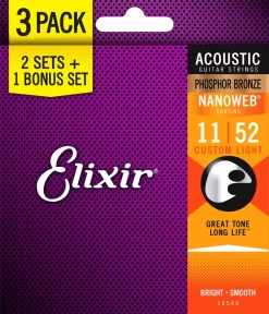 Elixir Nanoweb (Custom Light) Phosphor Bronze Acoustic Strings - Triple Pack