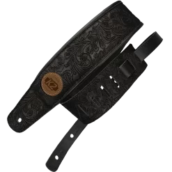 K2 Black Garment Leather 3" Guitar Strap - Floral Design