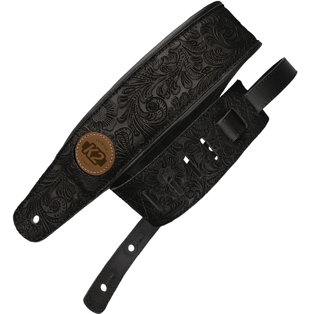 K2 Black Garment Leather 3" Guitar Strap - Floral Design 1 K2 Black Garment Leather 3" Guitar Strap - Floral Design